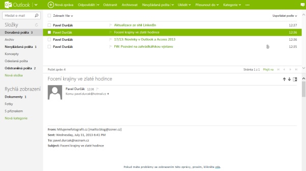 Rozhraní aplikace Outlook.com