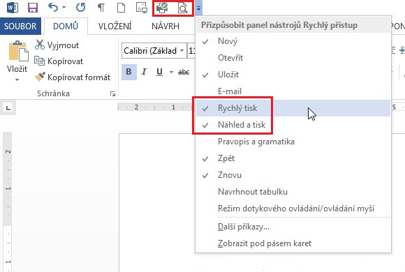 Možnosti pro tisk v panelu Rychlý přístup