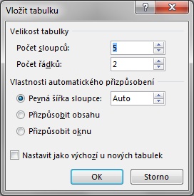Volba Vložit tabulku