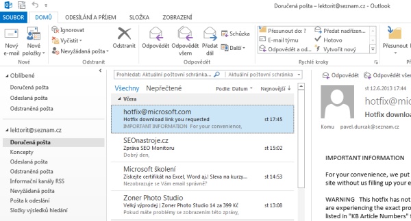 Základní rozhraní programu Outlook 2013